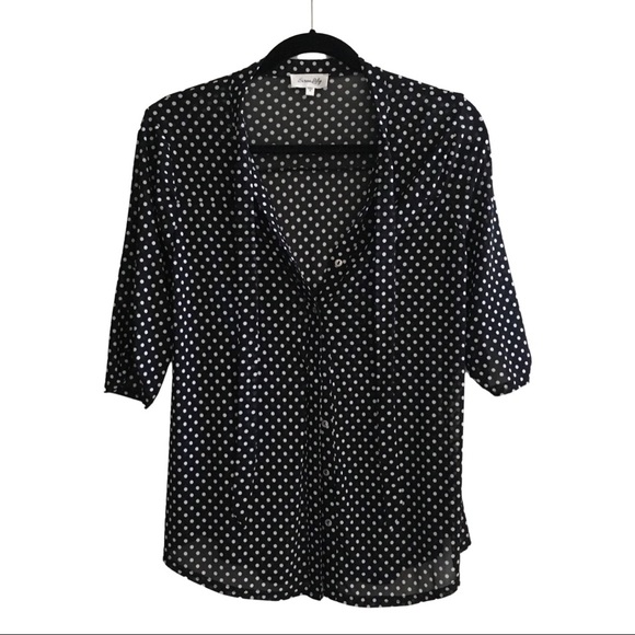 Polka Dot Tie Neck Half Sleeve Button Up/Down Top - Picture 2 of 5